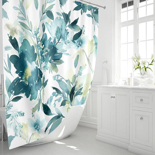 Extra Long Shower Curtain 72 x 84 Inch, Tall Teal Yellow Floral Decor | Watercolor Floral Modern Abstract Flower Bathroom Fabric Shower Curtain Set with Hooks