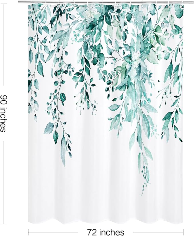 Teal Eucalyptus Shower Curtain, Watercolor Floral Print, 72x90 | Watercolor Plant Leaves Floral Print, Extra Long Waterproof Fabric Bathroom Decor, Machine Washable, Rustproof Grommets