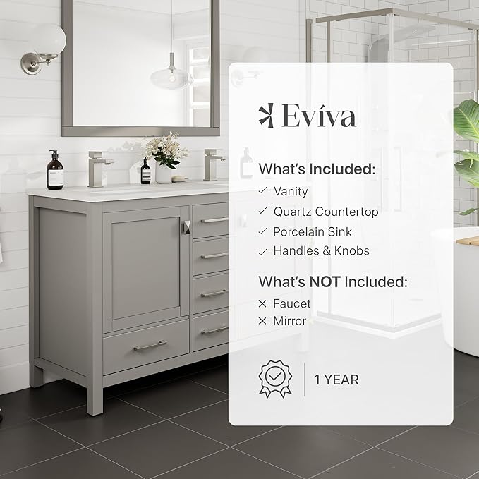 Eviva London 48 Inch Double Vanity - Grey Bathroom Vanity with Top and Sink - Undermount Porcelain Sink Combo - Quartz Countertop
