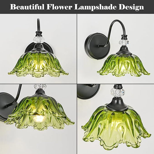1 Piece Black Wall Sconce with Floral Green Glass Shade, Black Farmhouse Wall Mount Lighting for Bathroom,Vintage Bathroom Vanity Light Fixture