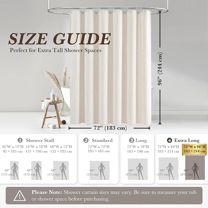 Seasonwood Cream Linen Shower Curtain Farmhouse Bathroom Decor 72x96 Inches | Boho Bathroom Decor,12 Sturdy Stainless Steel Sliding Hangers,Rustic Country Style,Linen Shower Curtains for Bathroom