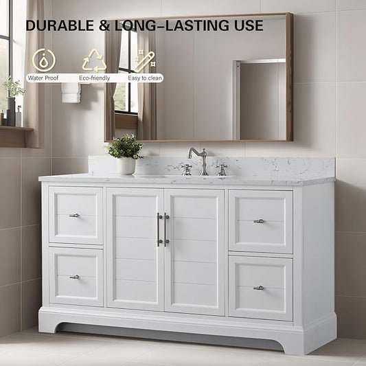 HOMEBEYOND 60 Inch Bathroom Vanity with Single Sink & Ceramic Top, Vanity Cabinet with Center Countertop Basin, Soft-Closing Doors, Backsplash, White