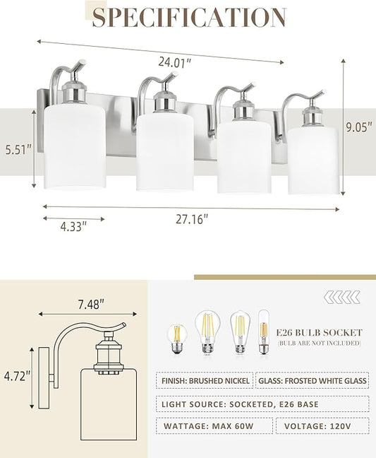 Milk Glass Bathroom Light, 4-Light Vanity Light Fixture, Brushed Nickel Wall Sconce, VL01BNW-4