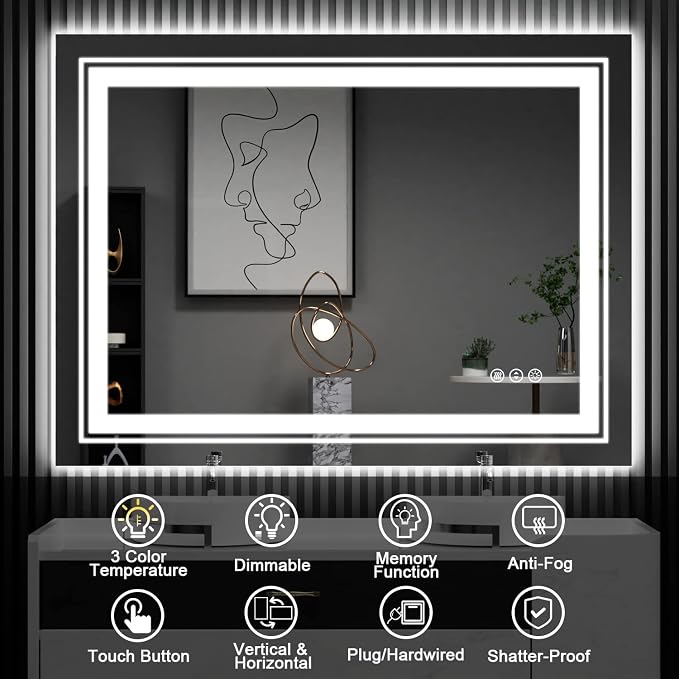 Snowdool 24 x 36 in LED Bathroom Mirror, Front and Backlit, Anti-Fog | Front and Backlit, Stepless Dimming, Anti-Fog, Memory Function