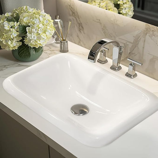 Enbol 22" x 15" Drop in Bathroom Sink White Rectangle Ceramic Sink Semi Recessed Vessel Sink Bathroom with Overflow O2215