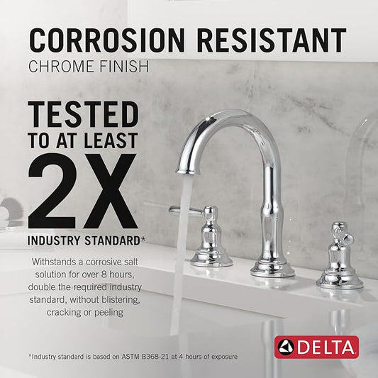 Delta Roe Chrome Bathroom Faucet 3 Hole, 8 Inch Widespread Bathroom Sink Faucet for Vanity, Push-Pop Drain Assembly, Chrome 35985LF