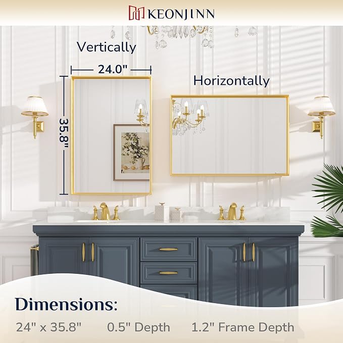 Keonjinn 24x36 Inch Gold Bathroom Mirror for Over Sink, Rectangular | HD Tempered Glass, Vanity Mirror, Brushed Framed, Square Corner, Modern Farmhouse, Wall Mounted Mirrors, Aluminum Alloy