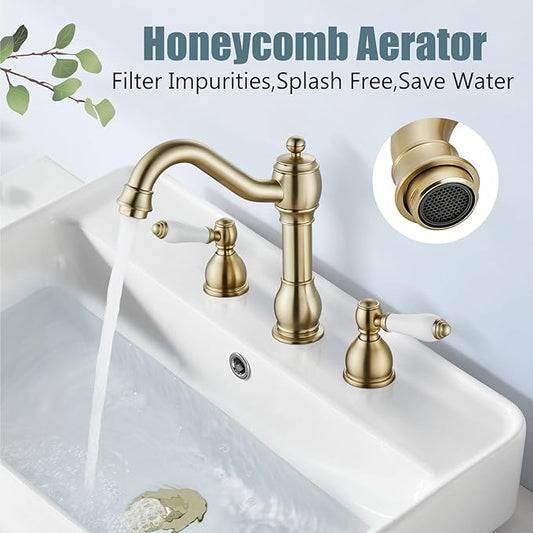 Aolemi 8 Inch Widespread Bathroom Sink Faucet 3 Hole Deck Mount Vanity Basin Mixer Tap with Pop Up Drain Assembly Brushed Gold Double Ceramic Handle