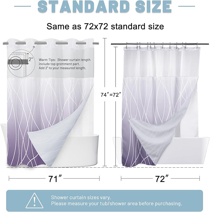 No Hook Shower Curtain with Liner, Ombre Purple, 71 x 74 Inch | Stripe Pattern,Waterproof,Quick Dry,Mesh Top Window,Bottom Magnets,Hotel Style,Machine Washable,Modern,for Bathroom