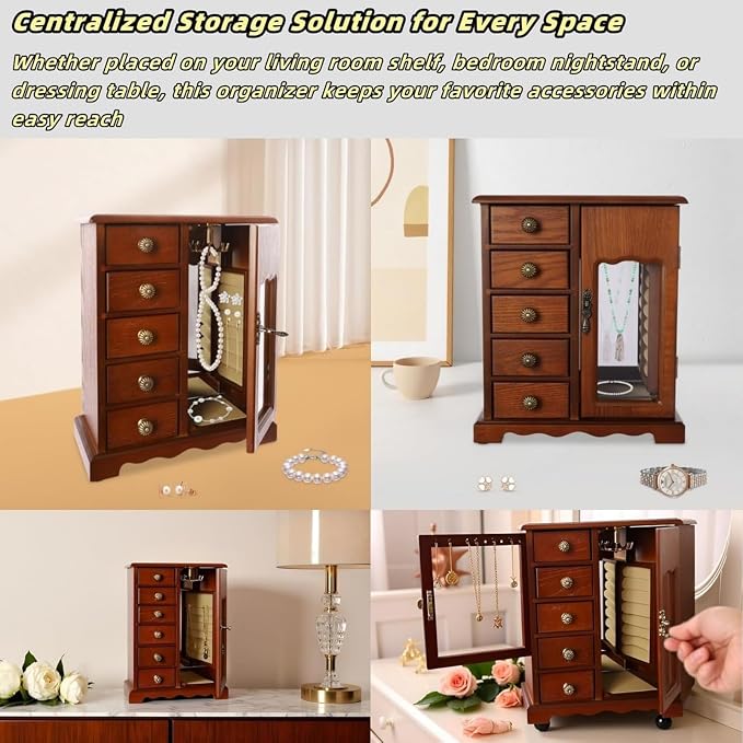 Vintage Wood Jewelry Box with 5 Drawers, Desktop Jewelry Organizer with Glass Door & Mirror, Necklace Ring Storage Display Case Built-in Necklace Carousel, Brown (Dark Brown, 5 Drawers)