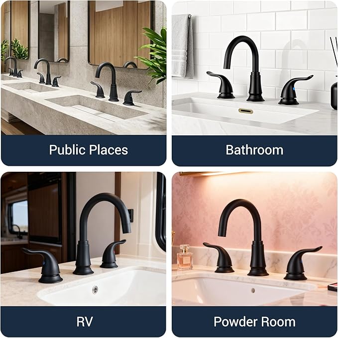 KPW Matte Black Bathroom Faucet 3 Hole, 8 Inch Widespread Bathroom Sink Faucet with Pop-up Drain Assembly and Supply Lines, Two Handle for Lavatory, Restroom