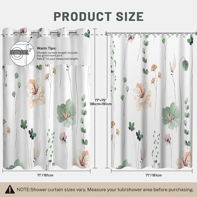 No Hook Floral Shower Curtain with Liner, Sage Green, 71x77 | Snap in Liner, 3 in 1, Water Repellent, Easy Install, Machine Washable, Hotel Style for Bathroom, Watercolor Pattern