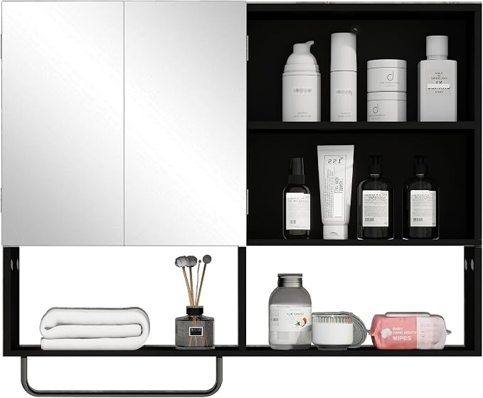 Bathroom Wall Cabinet, Medicine Cabinet, with Mirror & Towel Bar, Black