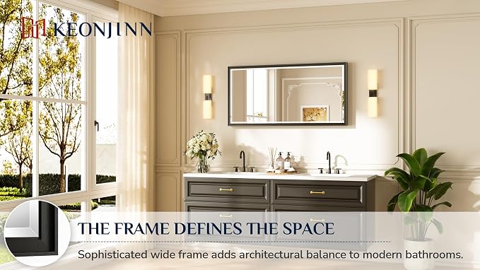 Keonjinn 48" x 24" Black Framed Mirror for Over Sink, Safe Tempered Glass | Aluminum Alloy, Effortless French Cleat Installation, Vertical/Horizontal, Rectangle Wall Mirror for Bathroom, Hallway Decor