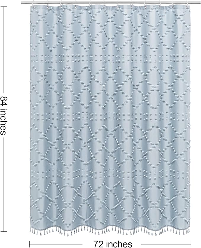 Blue Boho Woven Fabric Shower Curtain with Tassel 72 x 84, Tufted Textured | Modern Farmhouse Curtain for Bathroom, Extra Long Bathroom Curtain, Minimalist Decor, Waterproof