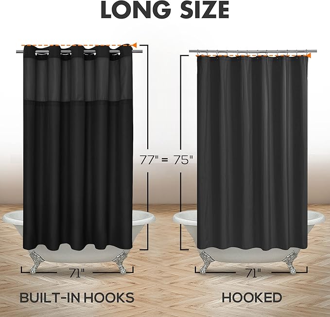 River Dream Long No Hook Slub Textured Shower Curtain with Snap-in PEVA Liner Set - 71" x 77"(75"), Hotel Style with See Through Top Window, Black Fabric Curtain & Waterproof Liner, Black, 71x77 | Snap on/off Waterproof PEVA Liner, See Through Top Wind...
