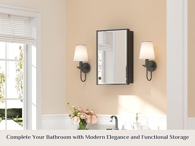 Keonjinn 16" x 24" Bathroom Medicine Cabinet with Mirror, Black, Assembled | Adjustable Shelves, Aluminum Framed, Recessed or Surface Wall-Mounted, Metal Bathroom Vanity Mirror with Storage Cabinet