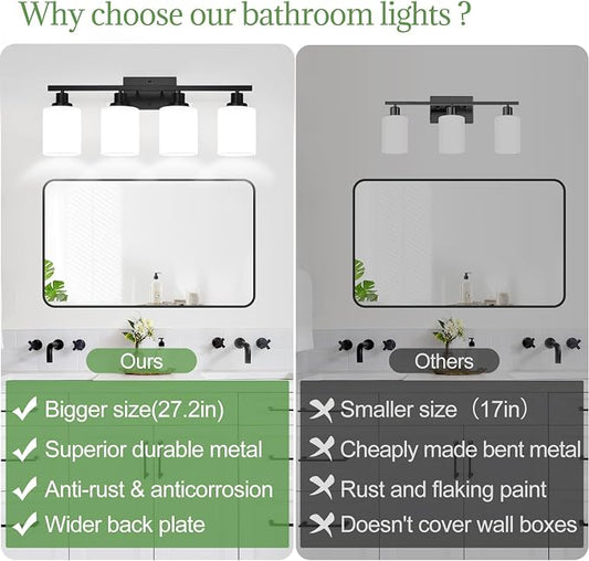 MOKATNG 4-Light Bathroom Light Fixtures, Vanity Light with Milky White Shades, Matte Black Bathroom Light Fixtures Over Mirror, Modern Bathroom Wall Lamp for Mirror Living Room Cabinet Bedroom