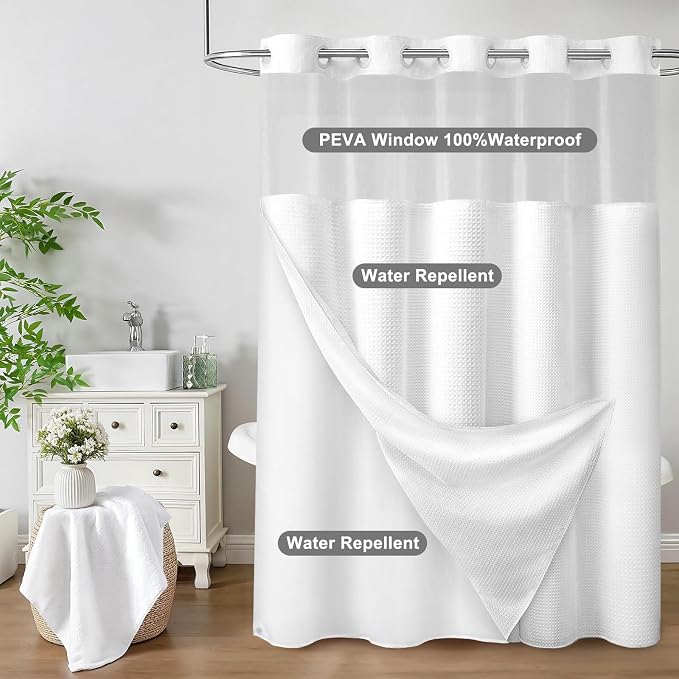 No Hook Shower Curtain with Liner Hotel Waffle PEVA Window White 72W X 75L | Washable Snap in Fabric Liner, Mesh Top Window, Waffle Hotel Style Shower Curtain Set