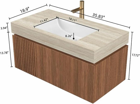 Bathroom Vanity with Sink 36 Inch, Floating Bathroom Vanity Sink Cabinet with Drawer and Door, Undermount Sink & Travertine-Pattern Sintered Stone Top, Pre-Assembled, Brown Oak
