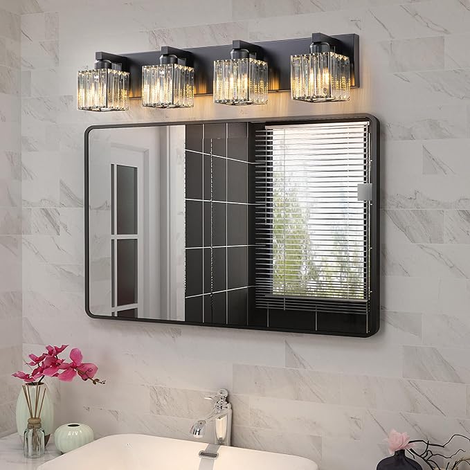 Black Bathroom Light Fixtures, 4-Light Modern Bathroom Vanity Lights Over Mirror, Wall Light Fixtures with Square Shade