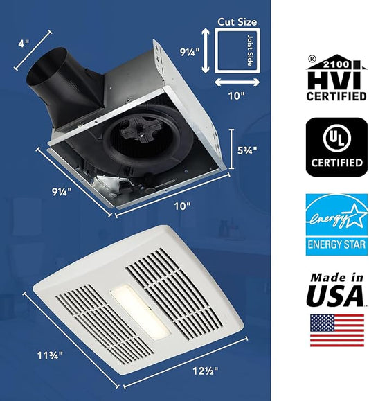 Broan-NuTone Bathroom Exhaust Fan with LED Light and Roomside Installation, Energy Star Certified, 110 CFM, Very Quiet 1.0 Sones White, AE110L