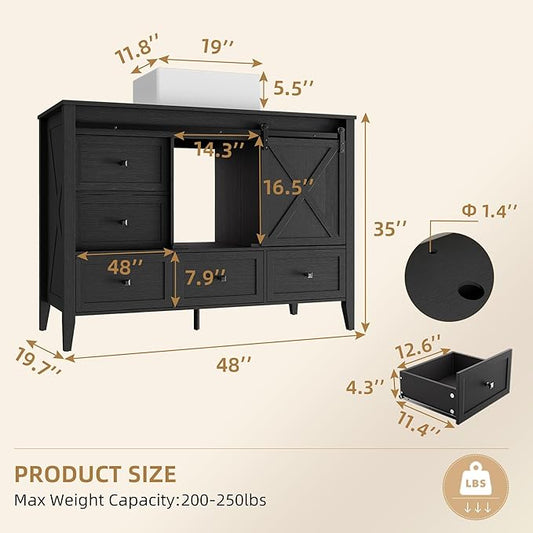 VNN Bathroom Vanity with Sink - 48 Inch Bathroom Vanity with Sink Ceramic, Freestanding Cabinet with Farmhouse Sliding Barn Door and 7 Drawers, Space-Saving Storage Cabinet, Wood Grain Texture, Black