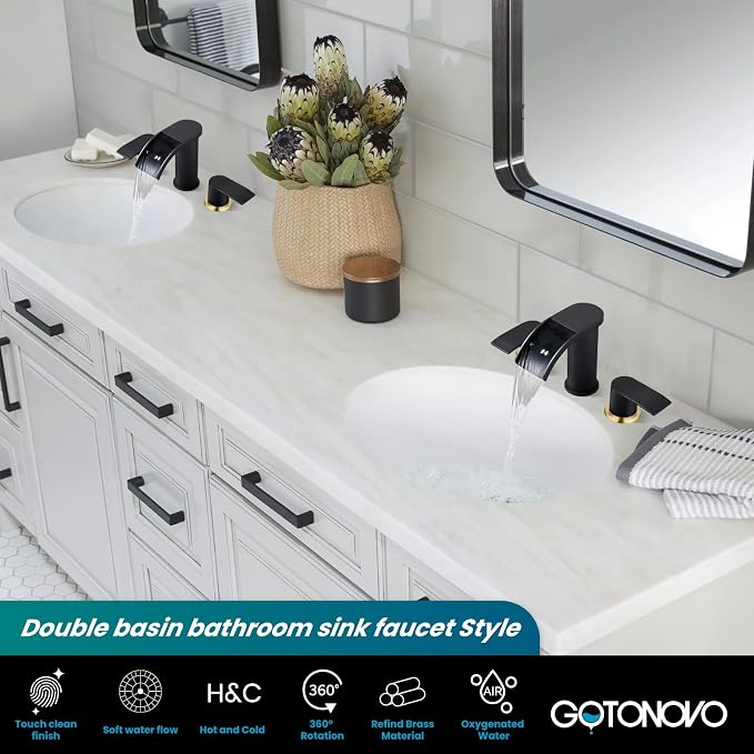 gotonovo Waterfall Bathroom Faucet 3 Hole Round Body,Black&Brushed Gold | SUS304 8’’ Widespread Bathroom Sink Faucet,2.17’’ Wide Spout,24’’ cUPC Hose,Pop Up Drain,2 Handle,Vanity,Lavatory,Basin,RV