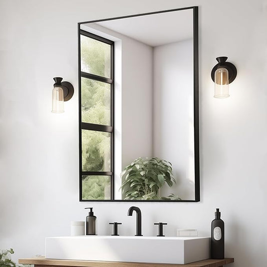 Black Bathroom Mirror, 24"x36" Rectangle Mirror, Matte Black Mirror, Metal Frame Square Corner Vanity Mirror, Wall Mounted Mirror for Modern, Living Room, Bedroom, Horizontal Or Vertical