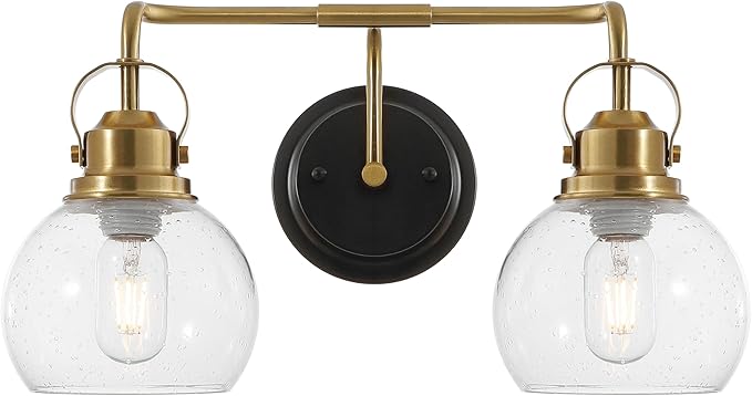 JONATHAN Y 17.5" Brass Gold/Oil Rubbed Bronze Shirley 2-Light Bathroom Vanity Light, Metal Wall Sconce, Clear Seeded Glass Shade, Modern Transitional Farmhouse Fixture, LED Bulbs Included (JYL7404B)