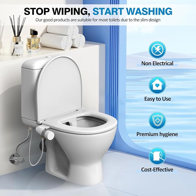 Non-Electric Bidet Attachment, Dual Nozzles, Adjustable Pressure | Ultra Slim Rotary Switch, Retractable Nozzle Structure, Cold Water Rear & Feminine Washing Modes, Stainless Steel Iniet