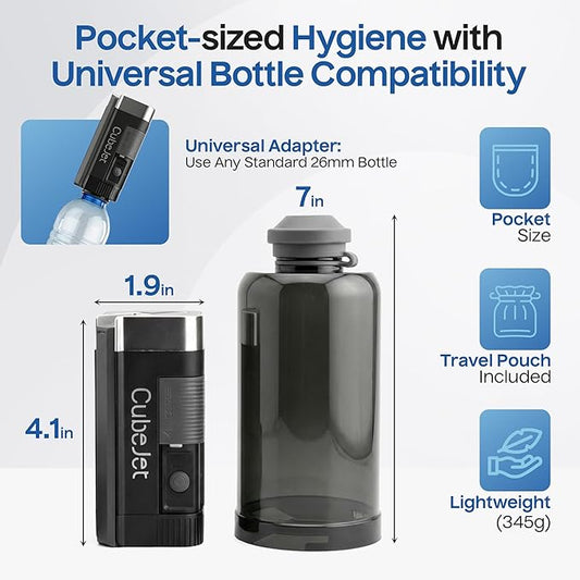 BIDET BUDDY® CubeJet Portable Bidet for Travel, 380mL Bottle Obsidian Drift | Rechargeable Battery 1100mAH, IPX6 Waterproof Wand-Style Nozzle, USB-C High-Pressure Hygiene Device for Camping & Home