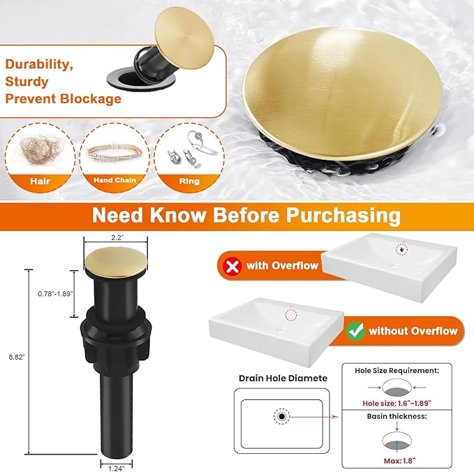 Bathroom Vessel Sink Faucet Brushed Gold, Waterfall Bathroom Faucet, Vessel Faucet, Tall Body High 1 Hole Single Handle with Pop Up Drain Combo Vanity Mixer Tap Commercial Basin Bowl Sink