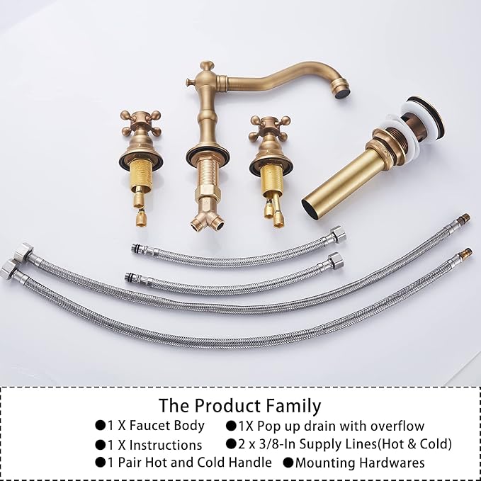 GGStudy 8 inch 2 Handles 3 Holes Widespread Bathroom Sink Faucet Antique Brass Bathroom Vanity Faucet Basin Mixer Tap Faucet Matching Metal Pop Up Drain with Overflow