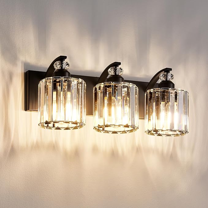 3-Light Black Bathroom Light Fixture Modern Vanity Lights Over Mirror Vintage Wall Sconce Lighting for Bathroom, Bedroom, Living Room, Hallway E26 Base with Crystal Bathroom Vanity Light
