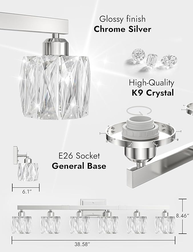 VOLISUN Crystal Vanity Lights for Bathroom, 6 Light Bathroom Vanity Light, Modern Stainless Steel Bathrooms Lights Over Mirror, Chrome Bathrooms Lights Fixtures-UL Certificated(Exclude Bulb)