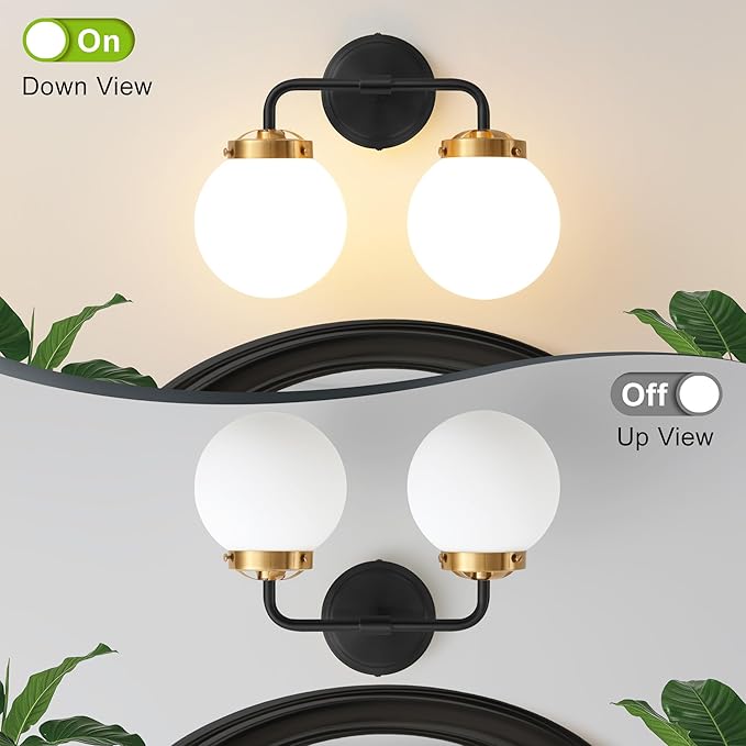 Bathroom Light Fixtures 14in 2-Light Black Gold Vanity Lights for Mirror | Dimmable Bathroom Lighting Fixtures over Mirror, ETL, E12 Base Max 60W, Modern Wall Sconce, Milky White Glass Ball Shades