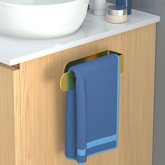 HUFEEOH Adhesive Hand Towel Holder, Kitchen Towel Hanger Towel Bars Wall Mounted, Stainless Steel Bath Towel Holder for Bathroom Hotel Kitchen (8 inch, Gold)