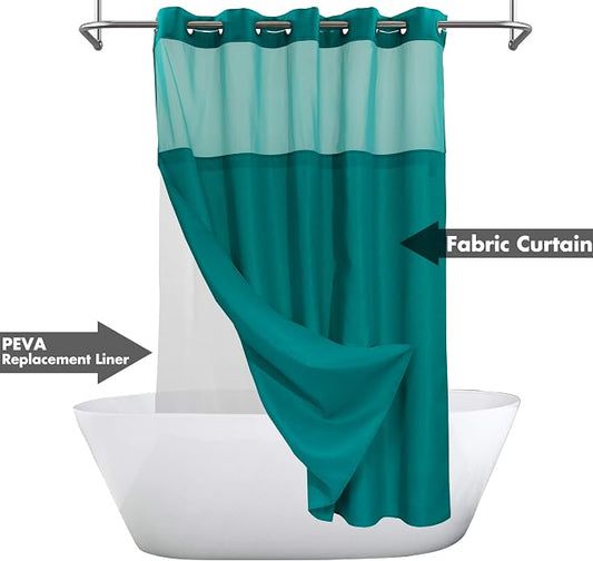 River Dream No Hook Shower Curtain with Snap-in Liner Set, Teal, 71x74 | Snap on/off Waterproof PEVA Liner, See Through Top Window, Slub Textured, Hotel Style Shower Curtain Set, Standard Size