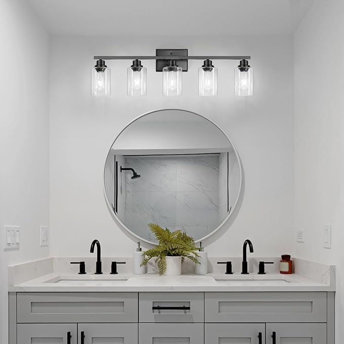 Ascher 5-Light Bathroom Light Fixtures, 33 Inch Vanity Lights with Clear Glass Shade, Modern Black Finish Wall Light for Mirror Bedroom Hallway Cabinet Porch