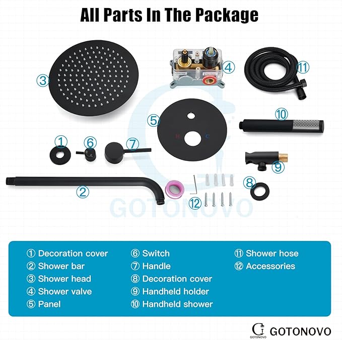 gotonovo Shower System 10 Inch Round Rainfall Showerhead Wall Mounted High Pressure Shower Faucet Set Fixture Combo with Rough in Valve and Cylindrical Handheld Spray, Matte Black
