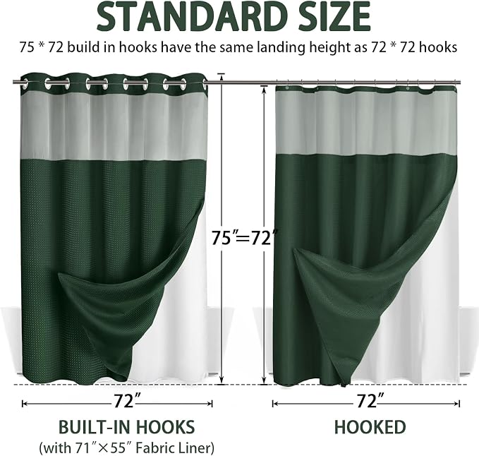 No Hook Shower Curtain and Liner Set,Dark Green Hotel Waffle Shower Curtain with Liner 75" L x 72" W