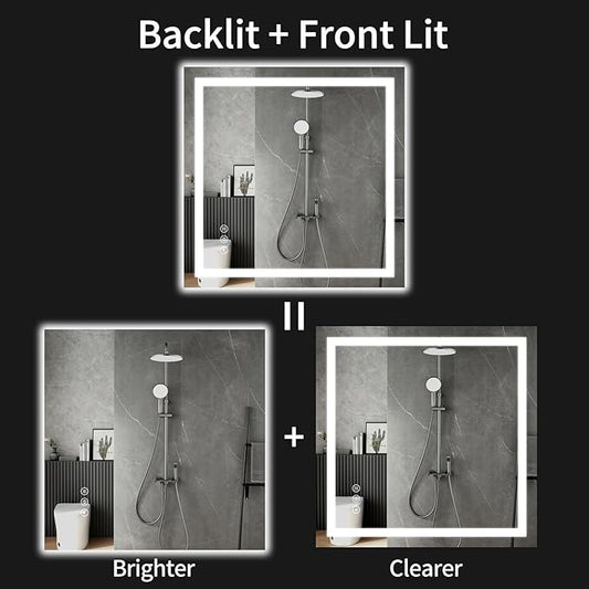 30"x30" LED Bathroom Mirror with Lights, Dimmable,Anti-Fog,Bathroom Vanity Mirror for Wall, Backlit + Front Lit, Memory Function, Shatter-Proof,Tempered Glass
