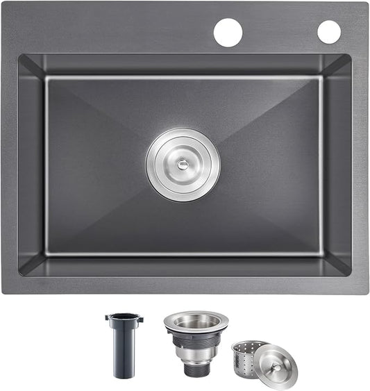 Black Topmount Kitchen Sink - 20”×16” Single Bowl Sink | 9 Inch Deep Handmade Bar Sink with Strainer, Stainless Steel 304, Center Drain, X-Groove Drainage, Sound-Dampening Pad