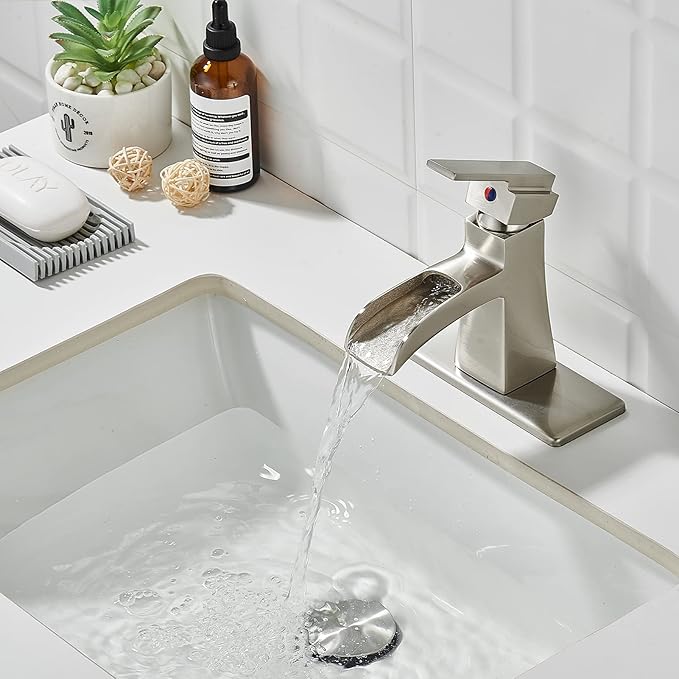 Brushed Nickel Waterfall Bathroom Faucet, Sanliv Single Handle Bathroom Sink Faucet with Pop-Up Drain & Deck Plate for 1 or 3-Hole (4 Inch Centerset) Modern Vanity Faucet Brushed Nickel