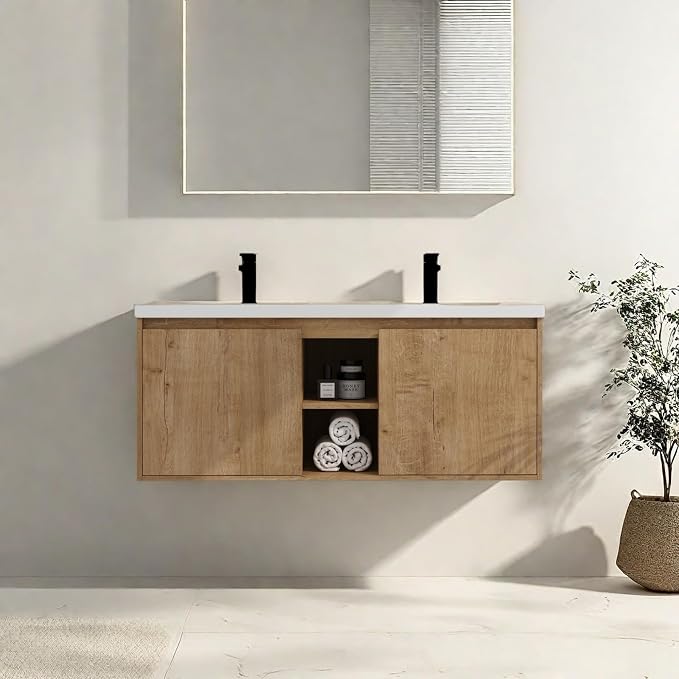 Floating Bathroom Vanity, 48" Bathroom Storage Cabinet with Double Resin Sinks, 2 Soft-Close Doors & 2 Open Storage Shelves, Modern Wall-Mounted Vanity with 45° Bevel Handles, Oak