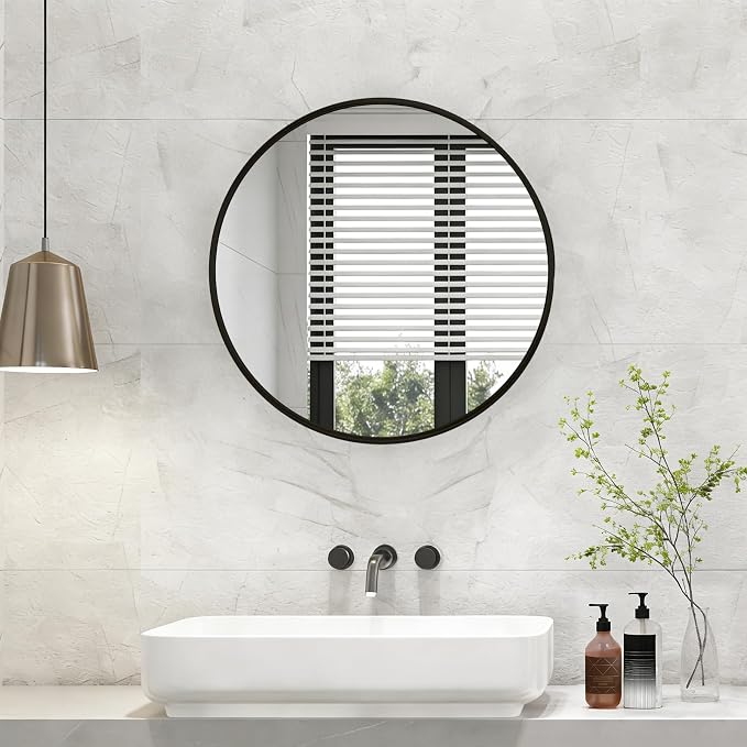 NEWBULIG 24 Inch Round Wall Mirror, Bathroom Mirrors for Over Sink | Metal Framed Circle Vanity Mirror, Wall Decor for Bedroom, Entryway, Anti-Rust, Tempered Glass, Hanging or Leaning, Black