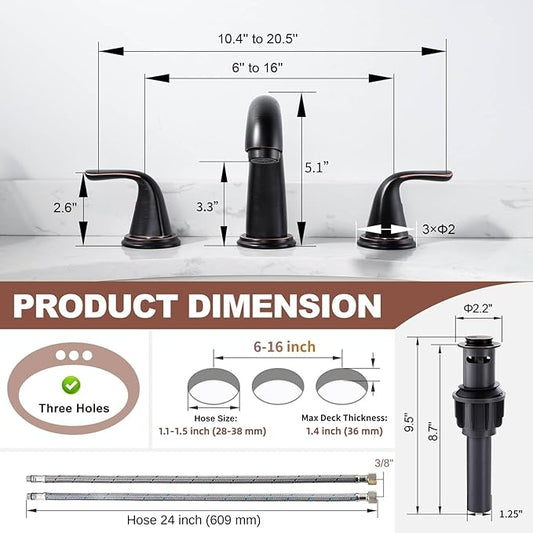 Aleasha Bathroom Sink Faucet 3 Holes Oil Rubbed Bronze, Widespread Bathroom Faucet, Washroom Faucets with Pop Up Drain, Washroom Sink Faucets with 304 Stainless Steel Lead-Free Hose