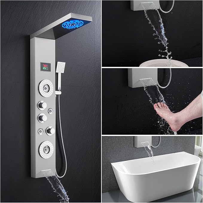 ROVATE LED Shower Panel Tower System with Rainfall and Mist Shower Head, 6-in-1 Shower Panels with Jets and Handheld and Digital Temperature Display, Shower Tower High Pressure with Tub Spout
