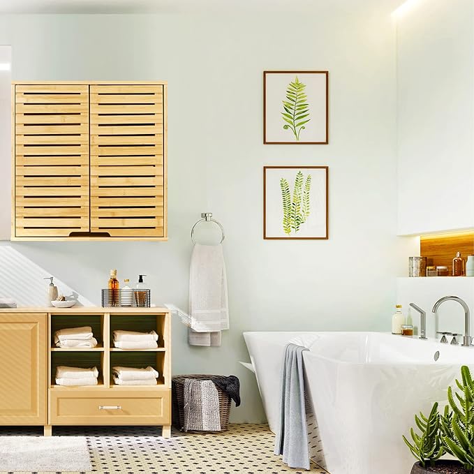 HYNAWIN Bathroom Wall Mounted Bamboo Storage Cabinet with Double Doors, 2-Tier Adjustable Shelf, Over Toilet Organizer for Bathroom, Kitchen, Entryway